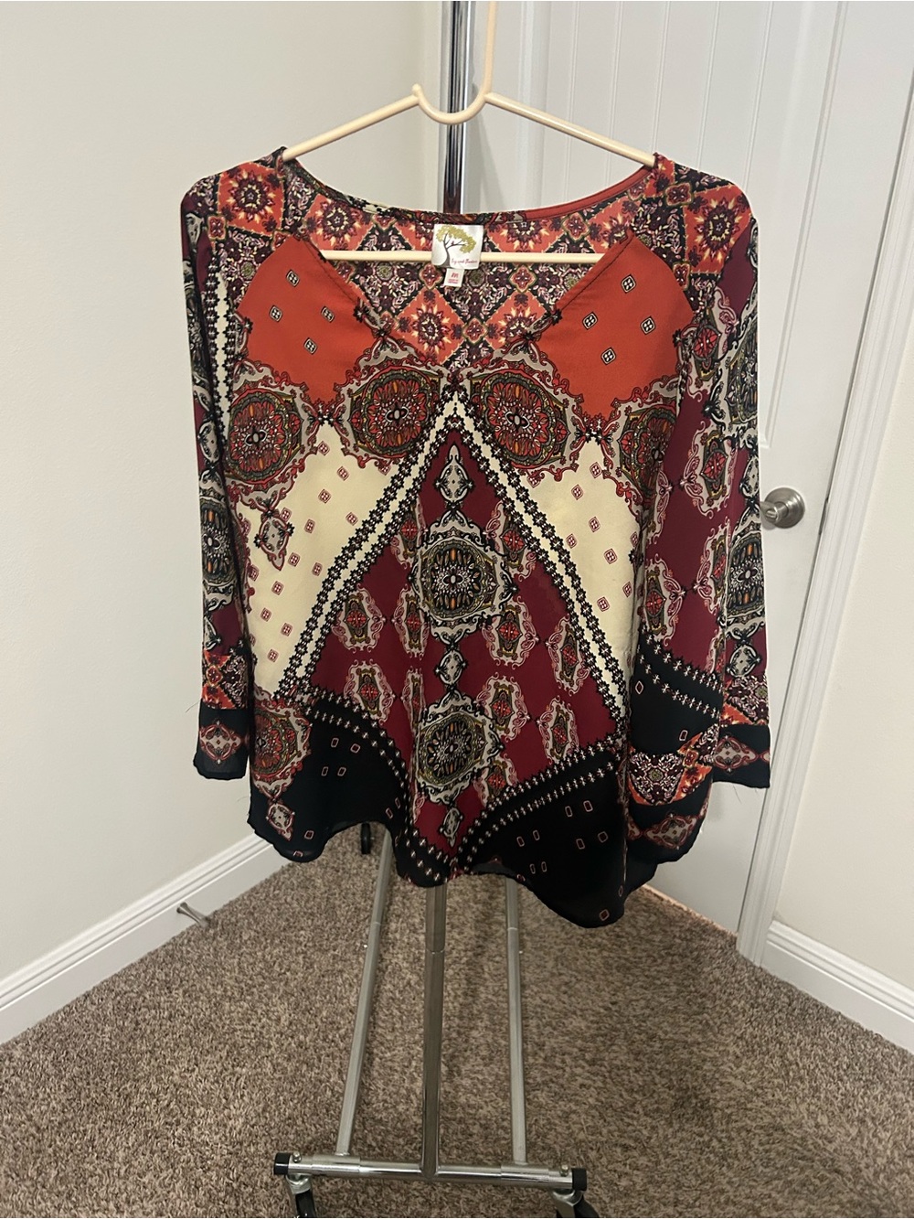 Boho Paisley Print Blouse - Burgundy/Black